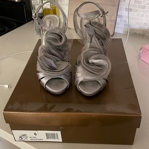 Silver satin heels